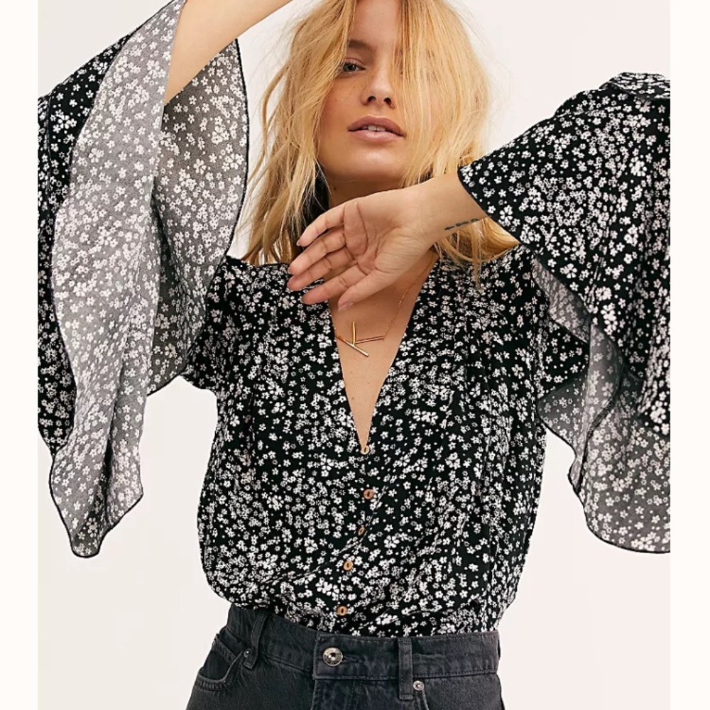 Free people Black Motif Floral Blouse Bodysuit New with Tags. large